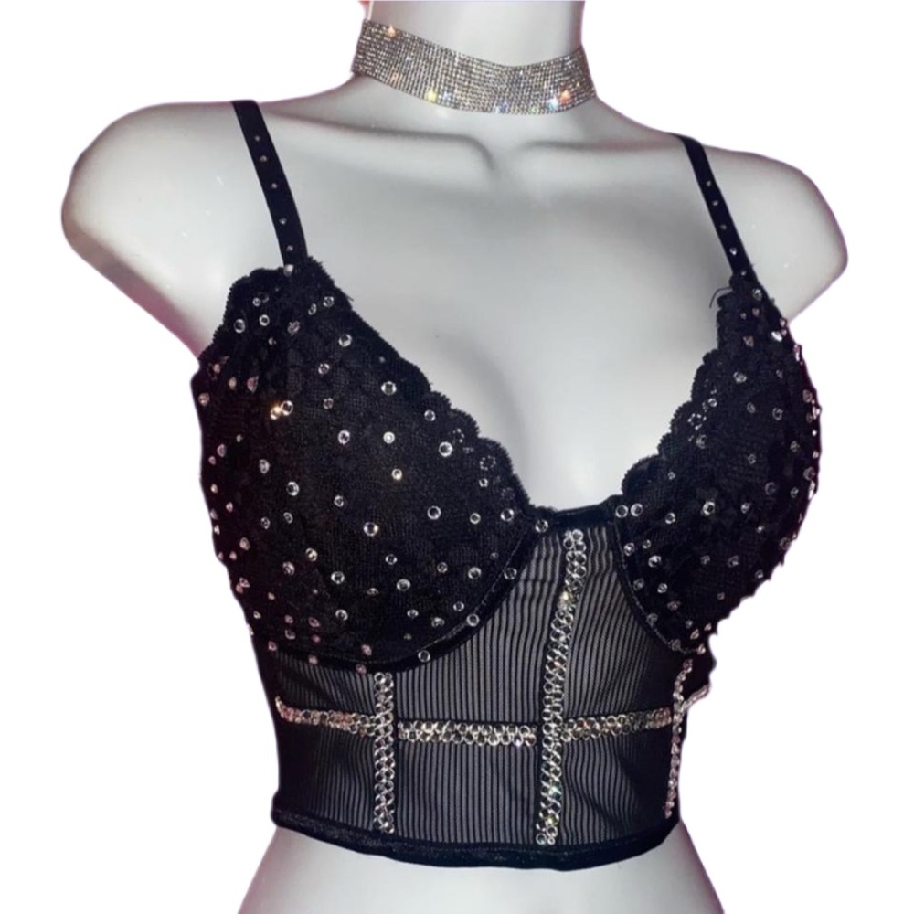 Sparkly Luxe Crystal Bling Lacey Black Cami Top Size S M L New - Picture 3 of 5